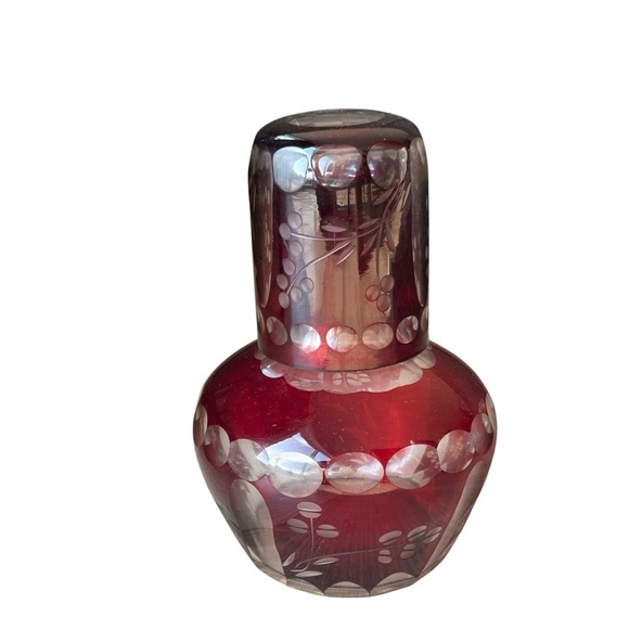 Vintage Bohemian Czech Glass Tumble-Up Bedside Water Carafe Ruby Cut to Clear - Picture 5 of 8